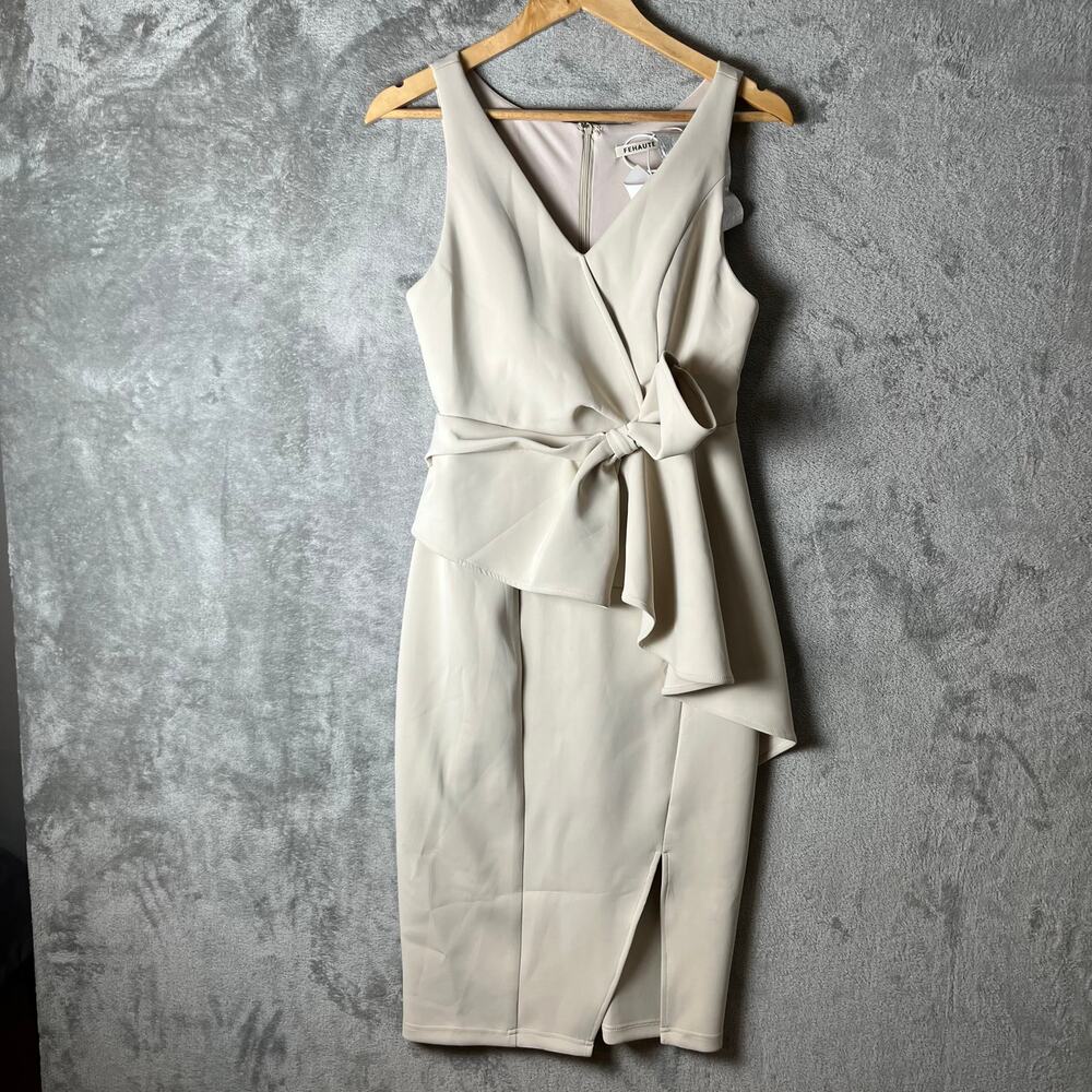 Fehaute Sophisticated Beige Midi Dress Sleeveless Wrap Front Draped Bow MED New